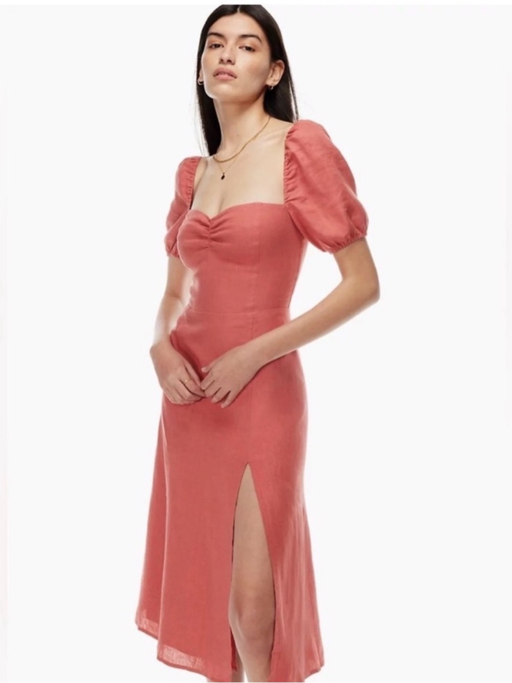 Wilfred Aritzia Dame Linen Midi Dress in Warm Sienna Red - Peach Pink Coral